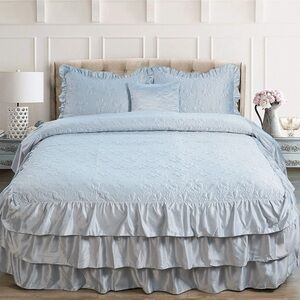 Home Soft Things 4 Piece Ruffle Matte Satin Bedspread Set - Light Blue - King